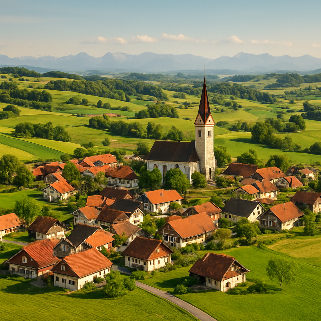 Luftaufnahme der Marktgemeinde Buchungsdorf mit Kirche und umliegenden Hügeln