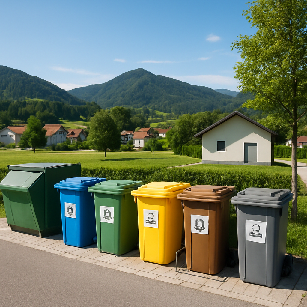 Recyclingstation der Gemeinde mit getrennten Sammelbehältern