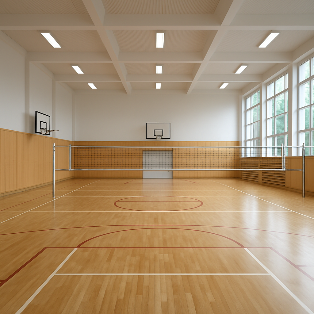 Heller, moderner Turnsaal mit Holzboden und großen Fenstern
